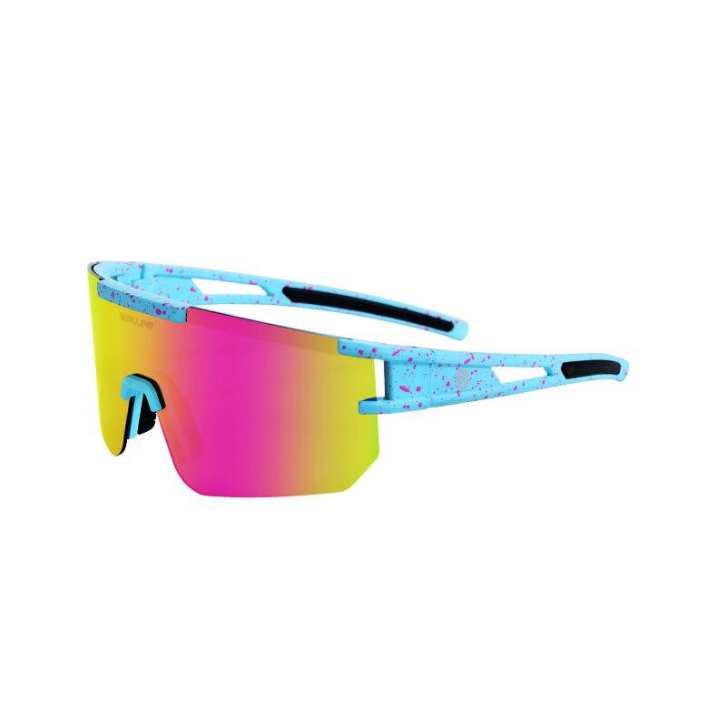 A pair of stylish polarized sports cycling sunglasses in various colors, designed for outdoor activities like cycling and running.