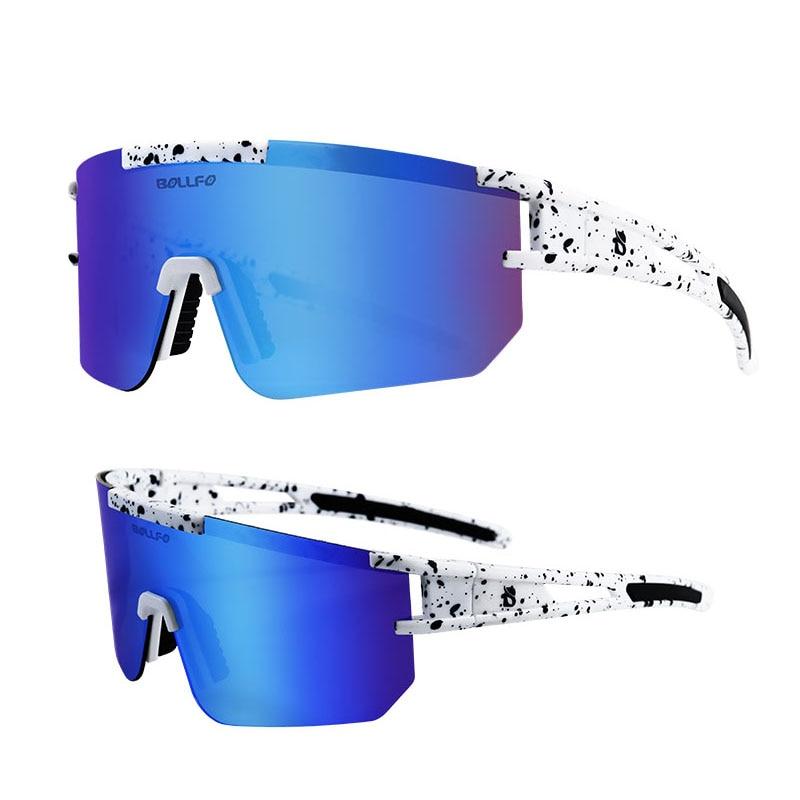 A pair of stylish polarized sports cycling sunglasses in various colors, designed for outdoor activities like cycling and running.