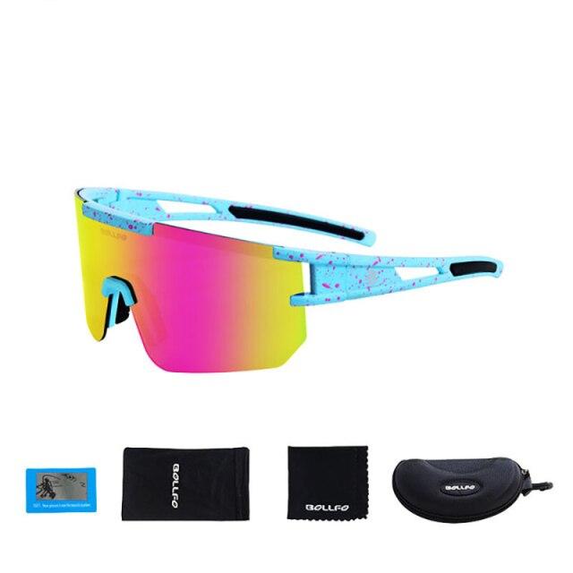 A pair of stylish polarized sports cycling sunglasses in various colors, designed for outdoor activities like cycling and running.