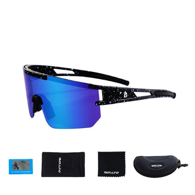 A pair of stylish polarized sports cycling sunglasses in various colors, designed for outdoor activities like cycling and running.