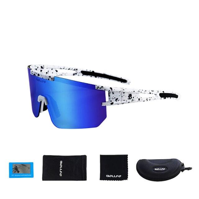 A pair of stylish polarized sports cycling sunglasses in various colors, designed for outdoor activities like cycling and running.