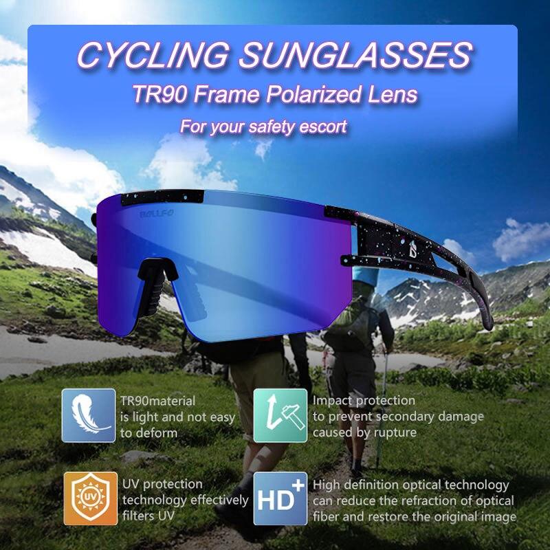 A pair of stylish polarized sports cycling sunglasses in various colors, designed for outdoor activities like cycling and running.