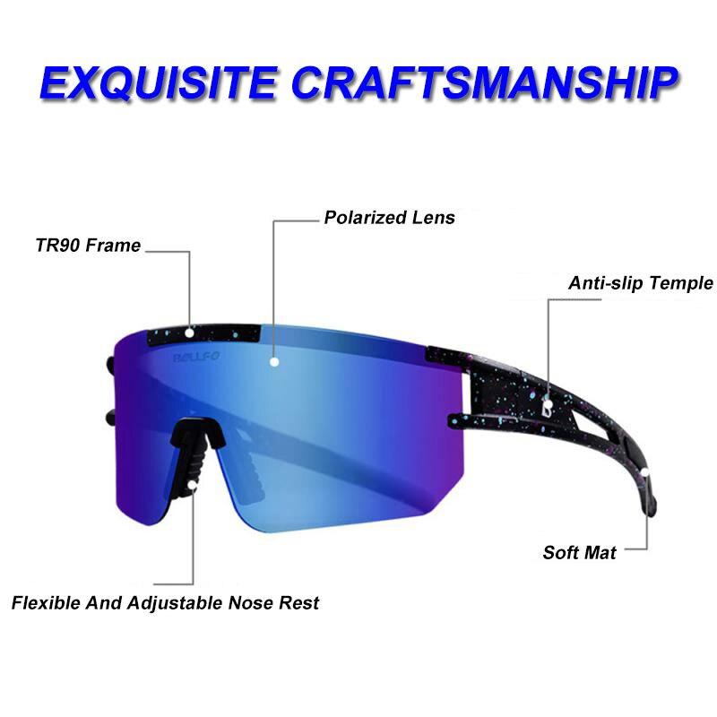 A pair of stylish polarized sports cycling sunglasses in various colors, designed for outdoor activities like cycling and running.