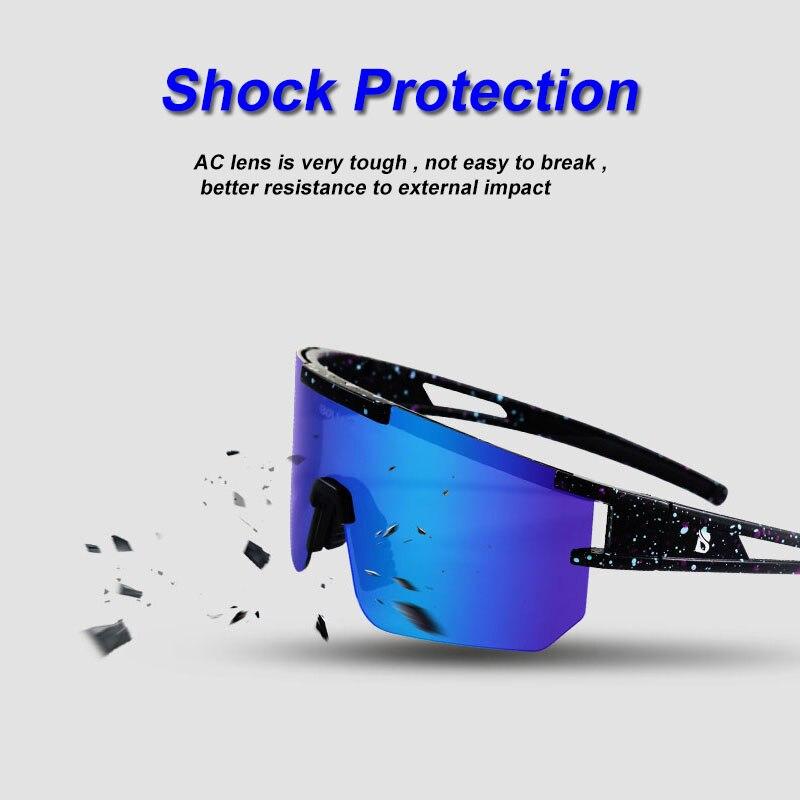 A pair of stylish polarized sports cycling sunglasses in various colors, designed for outdoor activities like cycling and running.