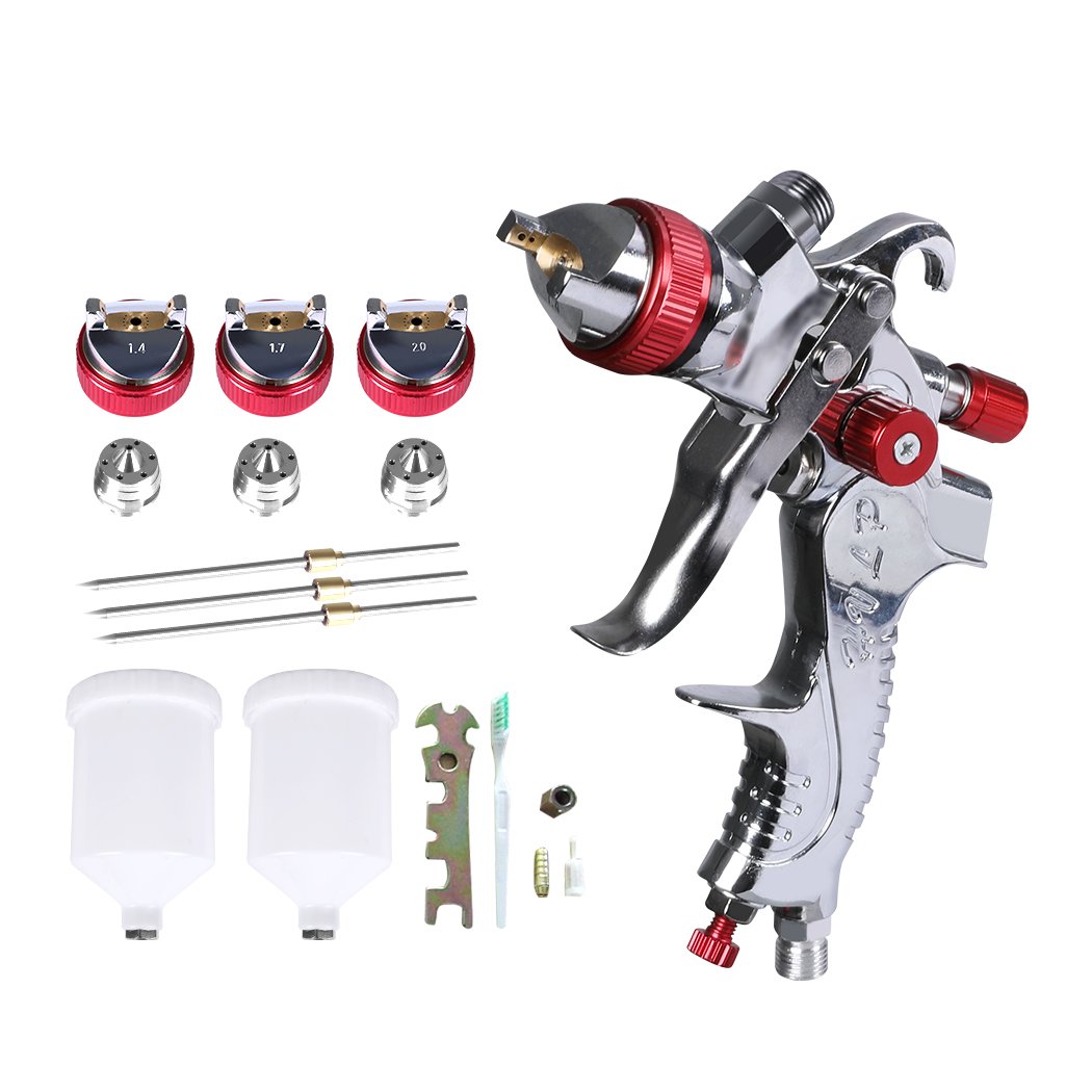 HVLP Spray Gun Paint Gun Kit with three nozzles and ergonomic design, ideal for precise painting tasks.