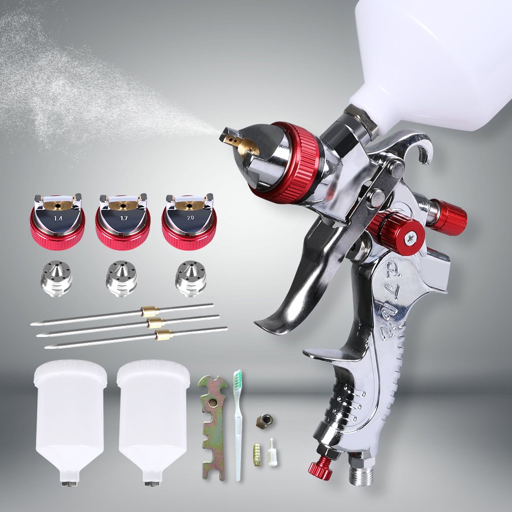 HVLP Spray Gun Paint Gun Kit with three nozzles and ergonomic design, ideal for precise painting tasks.