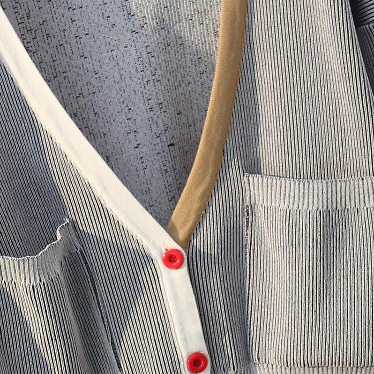 Spring Autumn Women Sweater featuring contrast color stripes and a V-neck collar, designed for a stylish and comfortable fit.