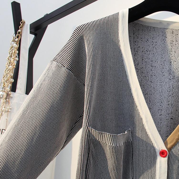 Spring Autumn Women Sweater featuring contrast color stripes and a V-neck collar, designed for a stylish and comfortable fit.