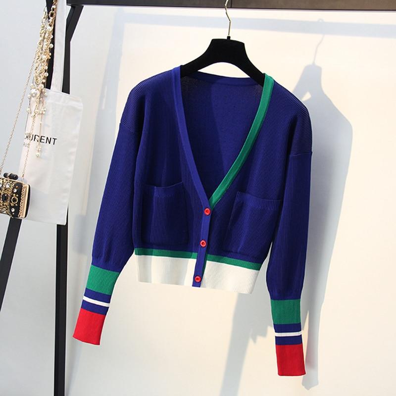 Spring Autumn Women Sweater featuring contrast color stripes and a V-neck collar, designed for a stylish and comfortable fit.