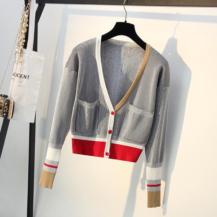 Spring Autumn Women Sweater featuring contrast color stripes and a V-neck collar, designed for a stylish and comfortable fit.