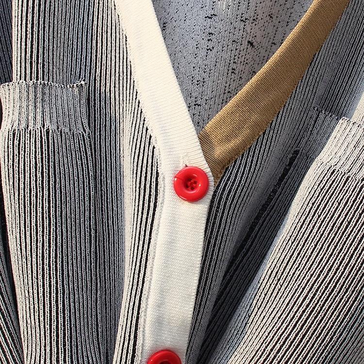 Spring Autumn Women Sweater featuring contrast color stripes and a V-neck collar, designed for a stylish and comfortable fit.