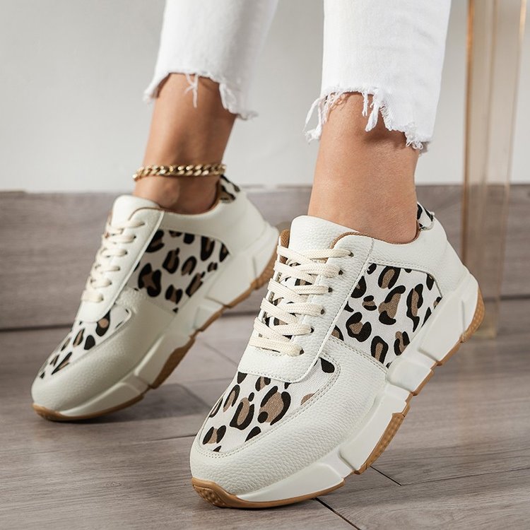 Spring Trendy Sneaker for Women featuring a stylish leopard print design, lace-up closure, and durable rubber sole.