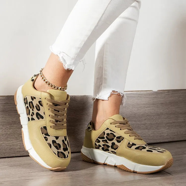 Spring Trendy Sneaker for Women featuring a stylish leopard print design, lace-up closure, and durable rubber sole.