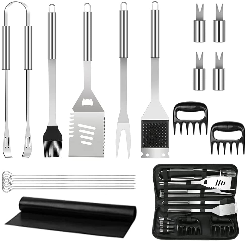 A complete set of stainless steel BBQ tools including spatula, tongs, fork, and skewers, neatly organized in a portable handbag.