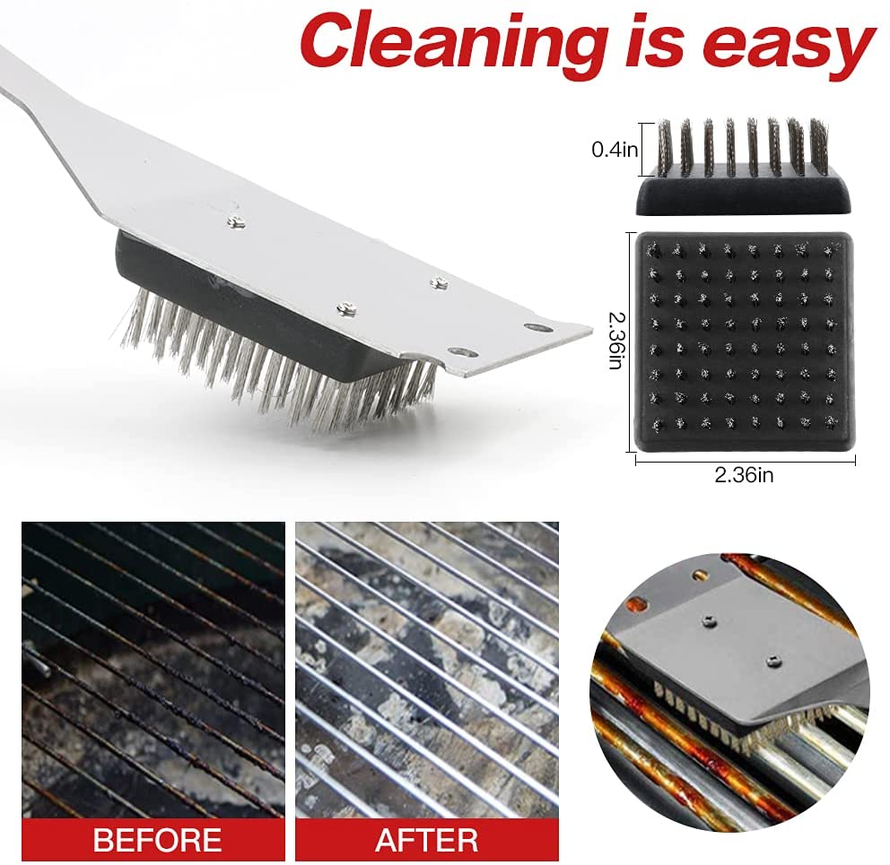 A complete set of stainless steel BBQ tools including spatula, tongs, fork, and skewers, neatly organized in a portable handbag.