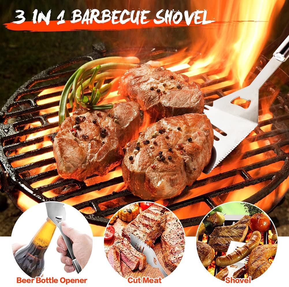 A complete set of stainless steel BBQ tools including spatula, tongs, fork, and skewers, neatly organized in a portable handbag.