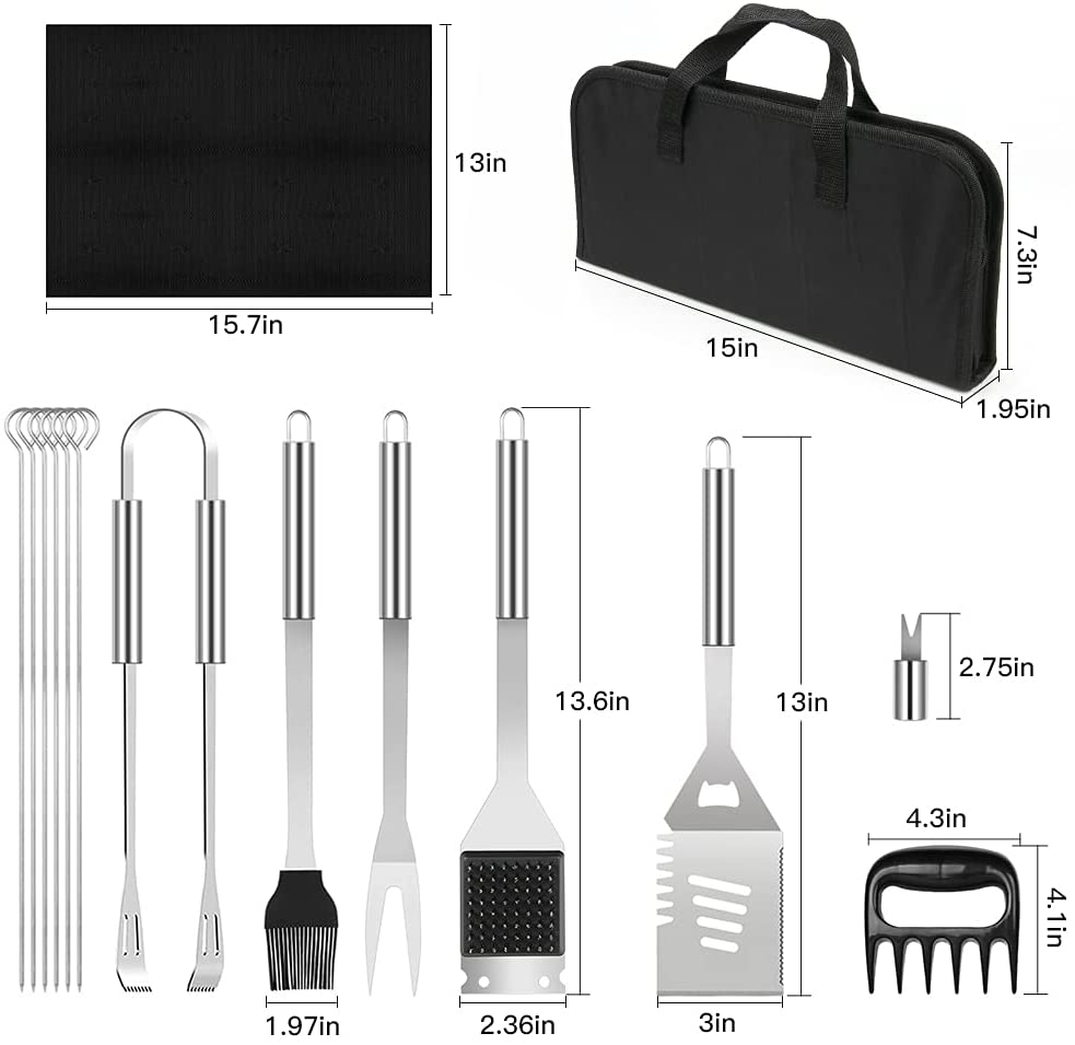 A complete set of stainless steel BBQ tools including spatula, tongs, fork, and skewers, neatly organized in a portable handbag.