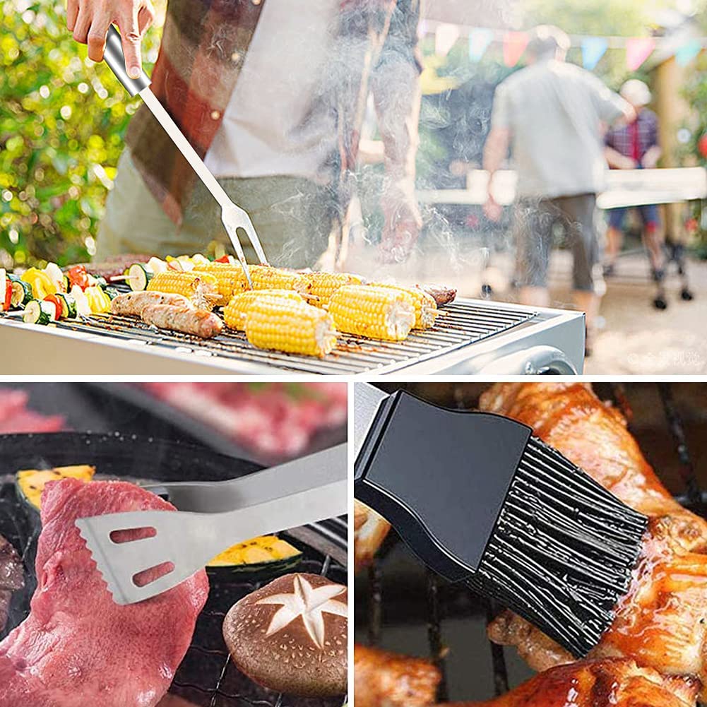 A complete set of stainless steel BBQ tools including spatula, tongs, fork, and skewers, neatly organized in a portable handbag.