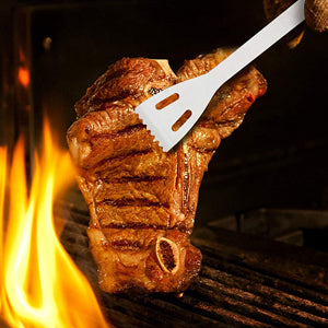 A complete set of stainless steel BBQ tools including spatula, tongs, fork, and skewers, neatly organized in a portable handbag.