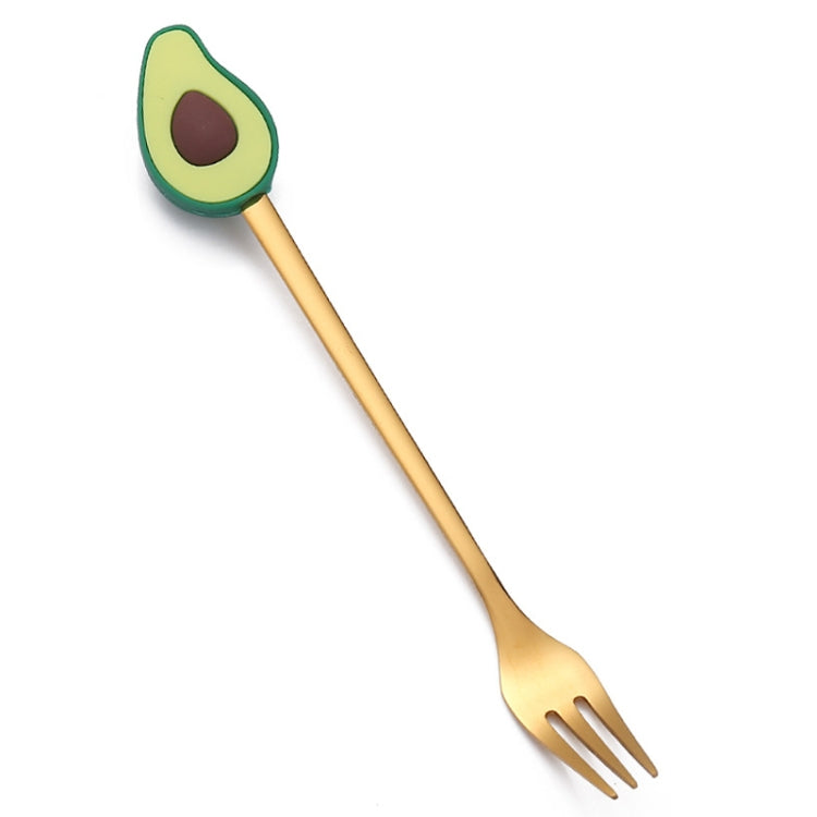 A cute stainless steel coffee spoon and cartoon fruit fork set designed for kids, featuring vibrant colors and playful fruit shapes.