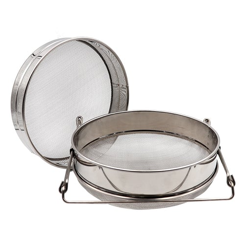 Stainless steel double-layer honey sieve for filtering honey, designed to remove impurities and wax grains.