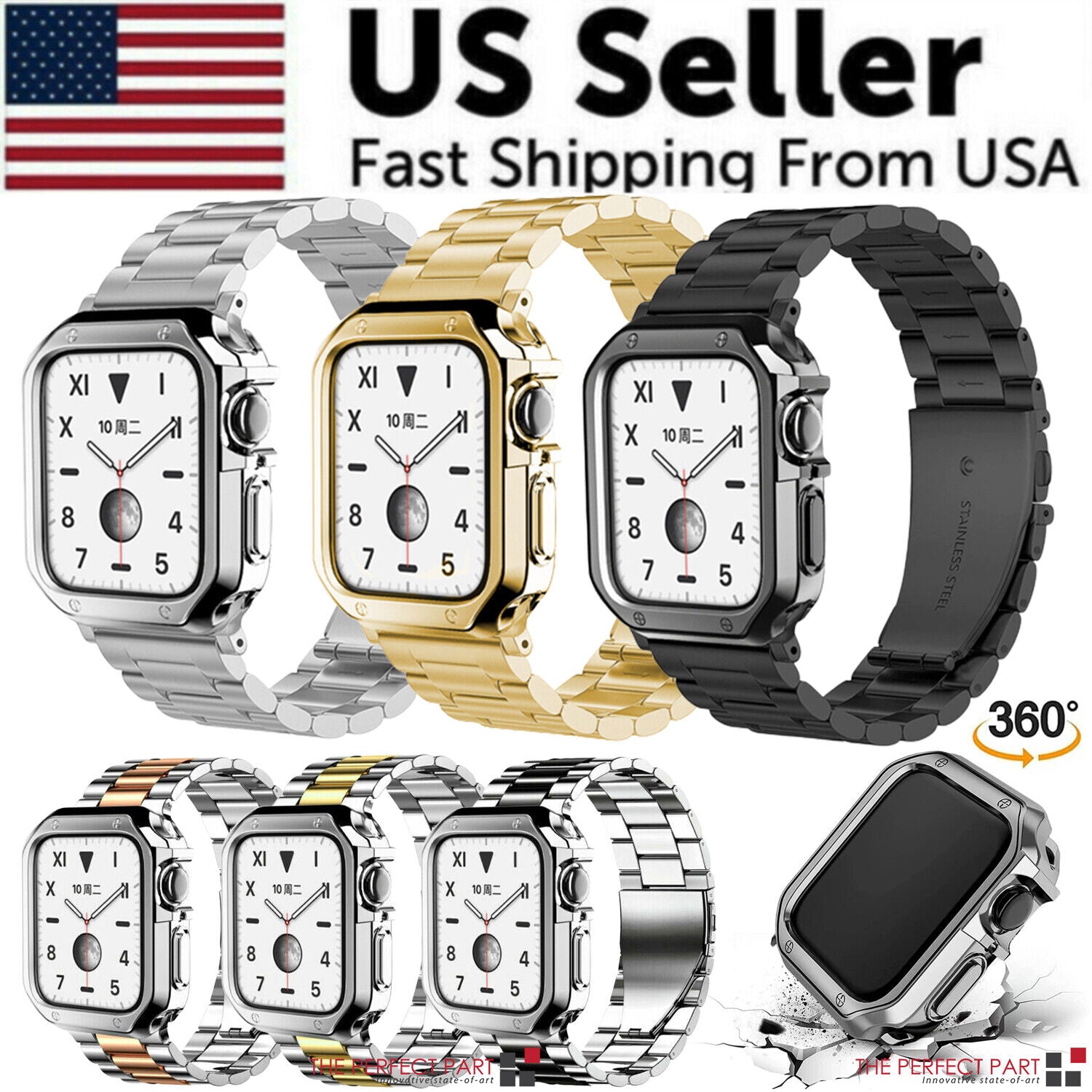 Stainless Steel iWatch Band for Apple Watch Series 8, 7, 6, 5, 4, 3, 2, SE with TPU case, showcasing premium design and adjustable features.