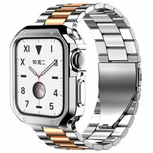 Stainless Steel iWatch Band for Apple Watch Series 8, 7, 6, 5, 4, 3, 2, SE with TPU case, showcasing premium design and adjustable features.