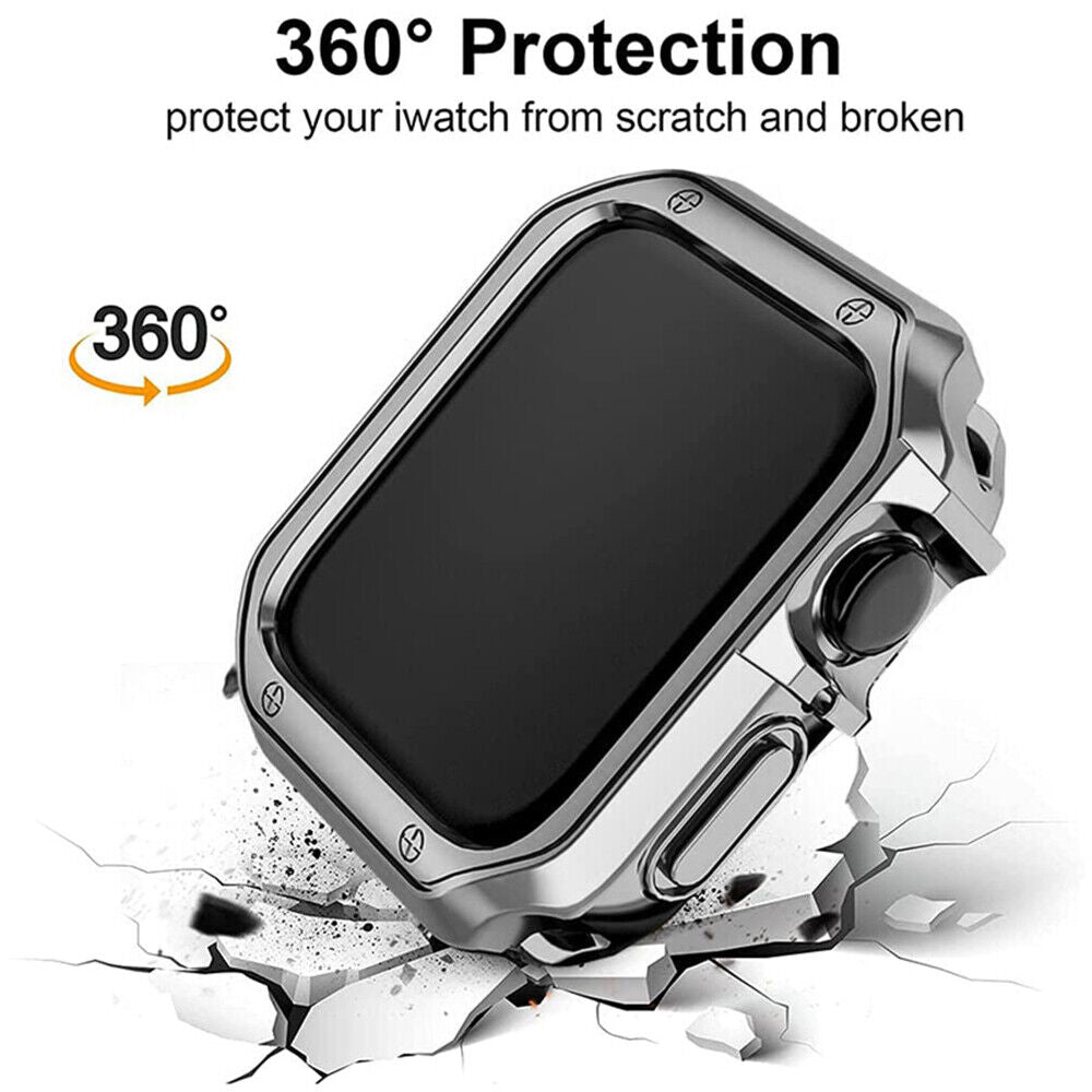 Stainless Steel iWatch Band for Apple Watch Series 8, 7, 6, 5, 4, 3, 2, SE with TPU case, showcasing premium design and adjustable features.