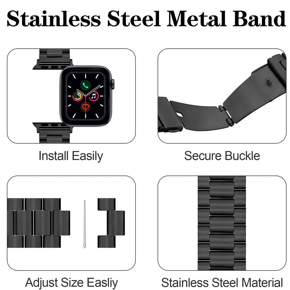 Stainless Steel iWatch Band for Apple Watch Series 8, 7, 6, 5, 4, 3, 2, SE with TPU case, showcasing premium design and adjustable features.