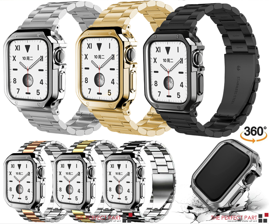 Stainless Steel iWatch Band for Apple Watch Series 8, 7, 6, 5, 4, 3, 2, SE with TPU case, showcasing premium design and adjustable features.