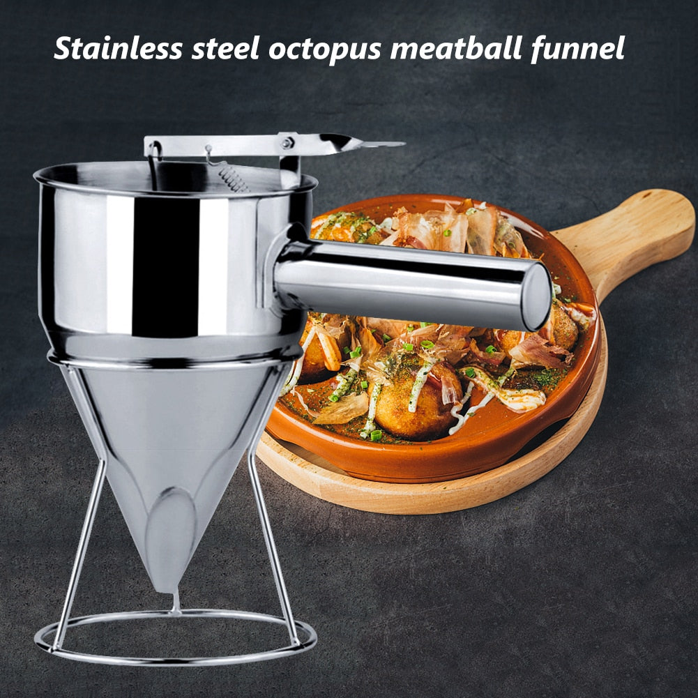 Stainless Steel Funnel Dispenser for batter, featuring a sleek design and detachable handle, ideal for pancakes and cupcakes.