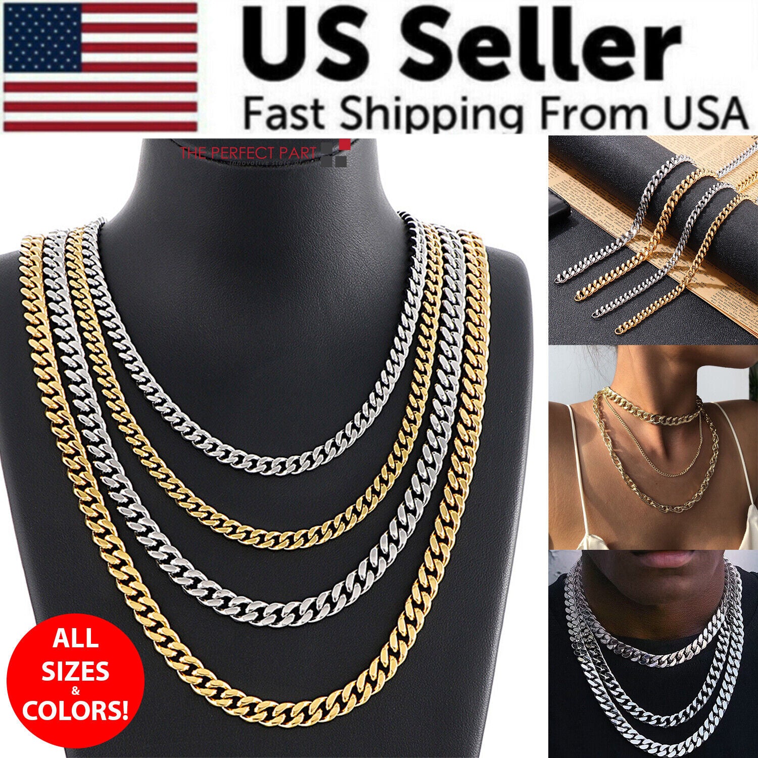 Stainless Steel Gold Silver Chain Cuban Curb Necklace displayed elegantly, showcasing its shiny links and durable clasp.