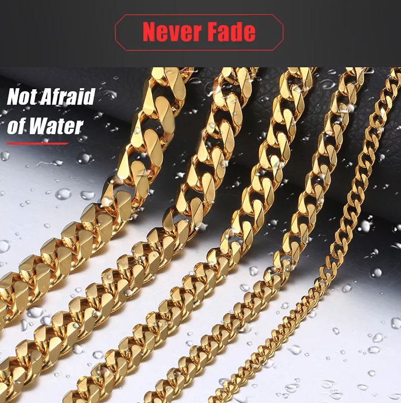 Stainless Steel Gold Silver Chain Cuban Curb Necklace displayed elegantly, showcasing its shiny links and durable clasp.