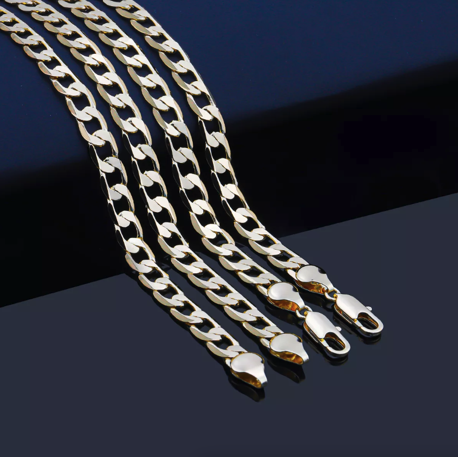Stainless Steel Gold Silver Chain Cuban Curb Necklace displayed elegantly, showcasing its shiny links and durable clasp.