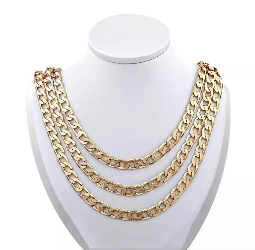 Stainless Steel Gold Silver Chain Cuban Curb Necklace displayed elegantly, showcasing its shiny links and durable clasp.