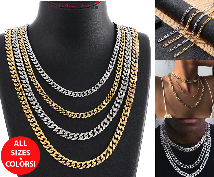 Stainless Steel Gold Silver Chain Cuban Curb Necklace displayed elegantly, showcasing its shiny links and durable clasp.