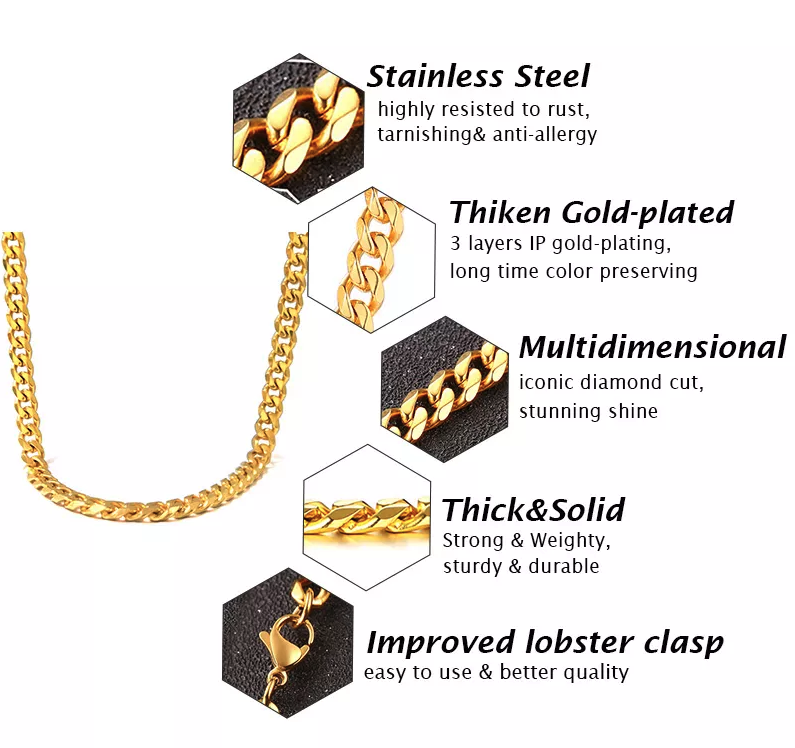 Stainless Steel Gold Silver Chain Cuban Curb Necklace displayed elegantly, showcasing its shiny links and durable clasp.