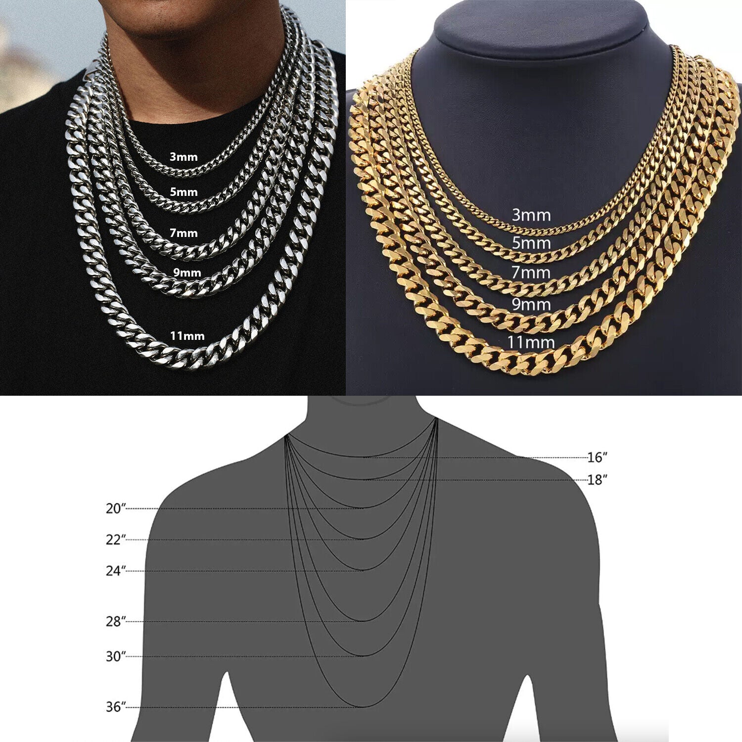 Stainless Steel Gold Silver Chain Cuban Curb Necklace displayed elegantly, showcasing its shiny links and durable clasp.