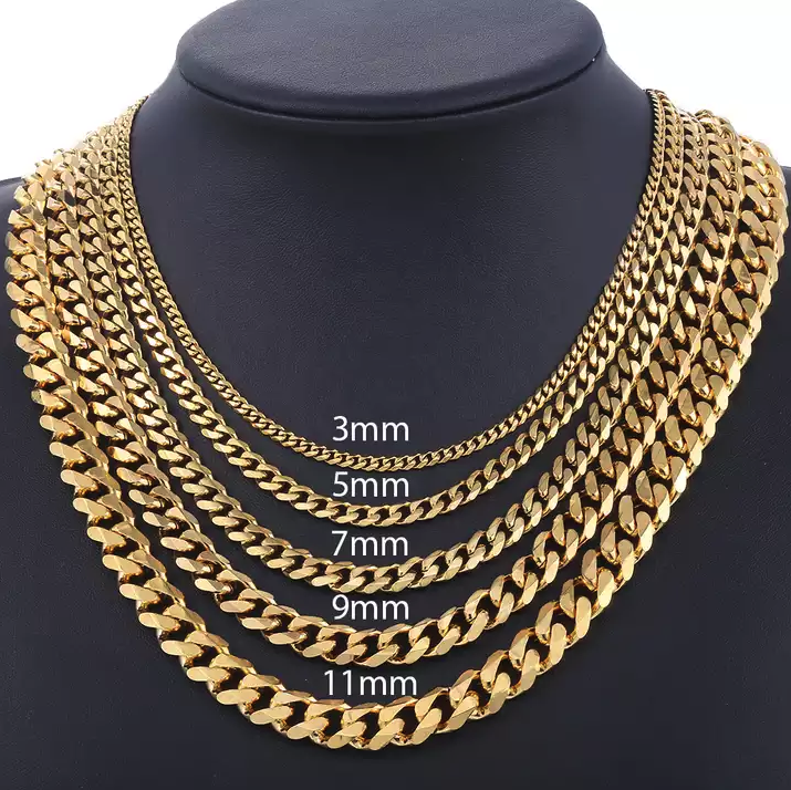 Stainless Steel Gold Silver Chain Cuban Curb Necklace displayed elegantly, showcasing its shiny links and durable clasp.