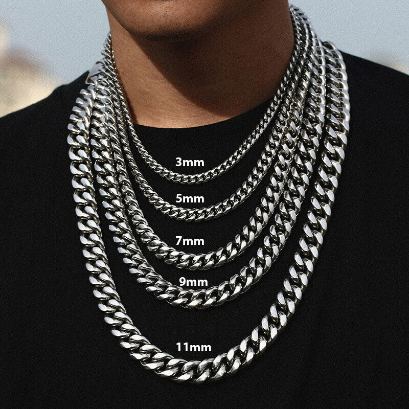 Stainless Steel Gold Silver Chain Cuban Curb Necklace displayed elegantly, showcasing its shiny links and durable clasp.