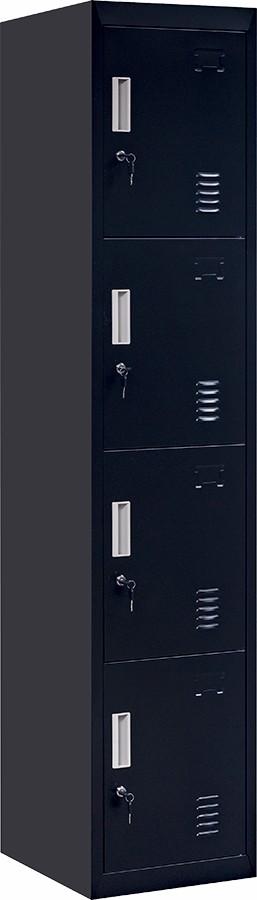 4-Door Vertical Locker in black, featuring four compartments, standard locks, and built-in air vents for ventilation.