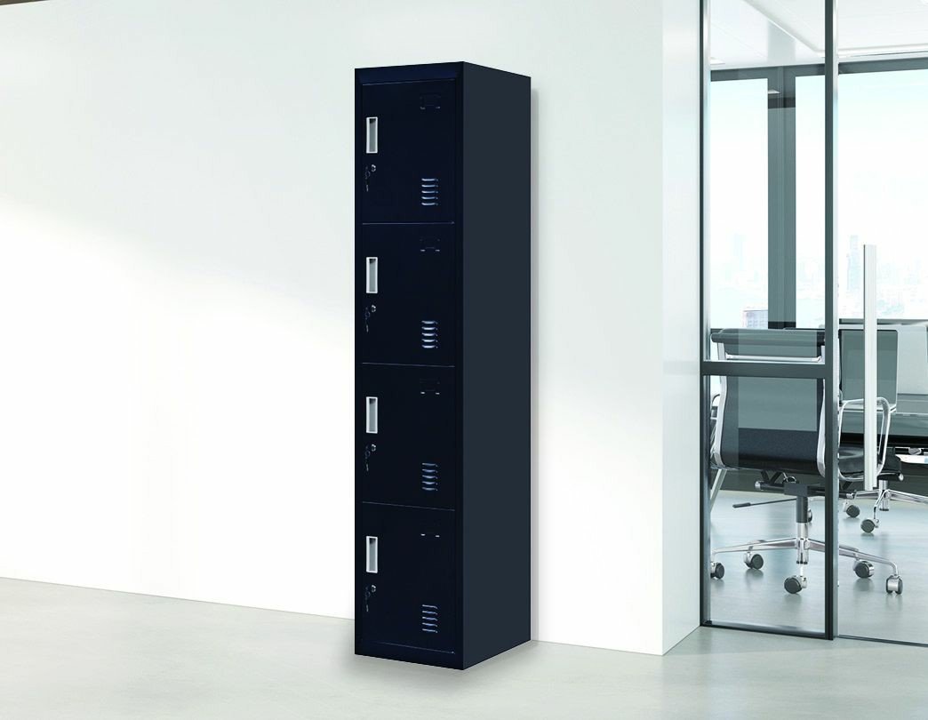 4-Door Vertical Locker in black, featuring four compartments, standard locks, and built-in air vents for ventilation.