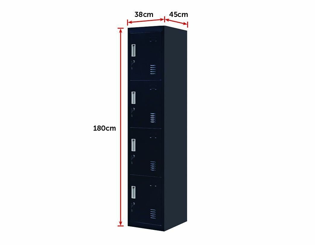 4-Door Vertical Locker in black, featuring four compartments, standard locks, and built-in air vents for ventilation.
