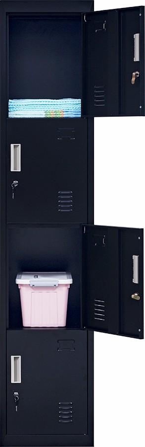 4-Door Vertical Locker in black, featuring four compartments, standard locks, and built-in air vents for ventilation.