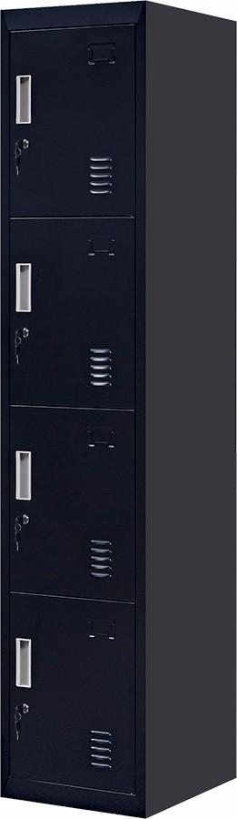 4-Door Vertical Locker in black, featuring four compartments, standard locks, and built-in air vents for ventilation.