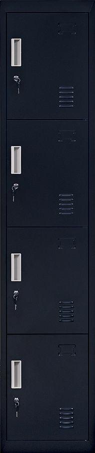 4-Door Vertical Locker in black, featuring four compartments, standard locks, and built-in air vents for ventilation.