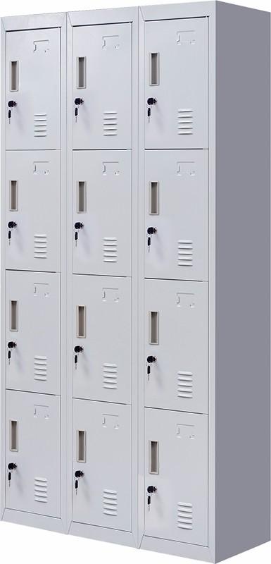 Light grey 12-door locker with standard locks, designed for office and gym use, featuring built-in ventilation and durable steel construction.