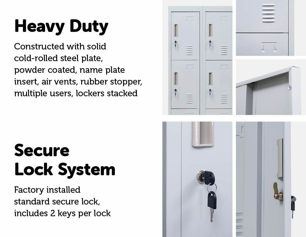 Light grey 12-door locker with standard locks, designed for office and gym use, featuring built-in ventilation and durable steel construction.
