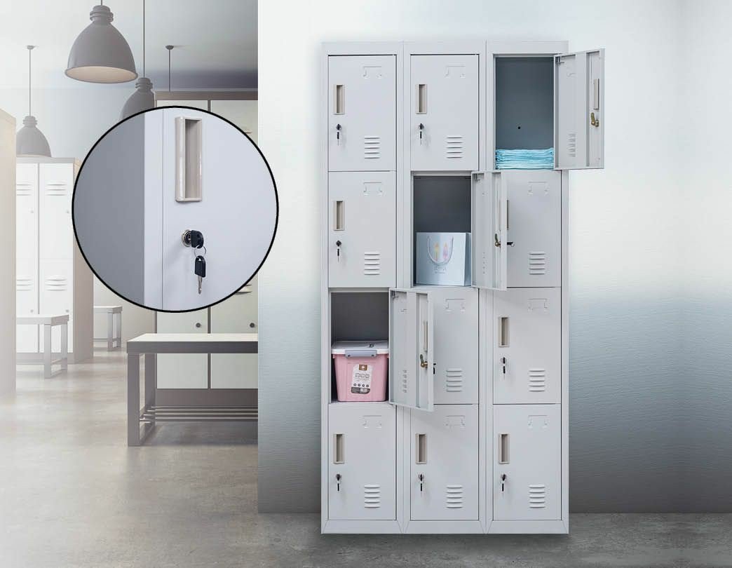 Light grey 12-door locker with standard locks, designed for office and gym use, featuring built-in ventilation and durable steel construction.