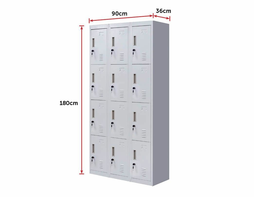 Light grey 12-door locker with standard locks, designed for office and gym use, featuring built-in ventilation and durable steel construction.